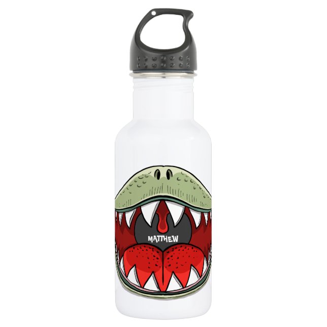 T-rex Dinosaur Mouth Kids Cartoon Olive Green Name Edelstahlflasche (Vorderseite)
