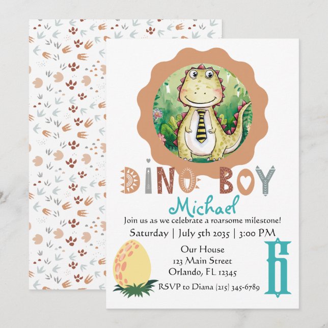 T Rex Dinosaur Niedlicher Junge Custom Kindergebur Einladung (Vorne/Hinten)