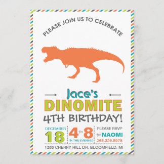 T-Rex Dinosaur Orange Green Invitation moderne