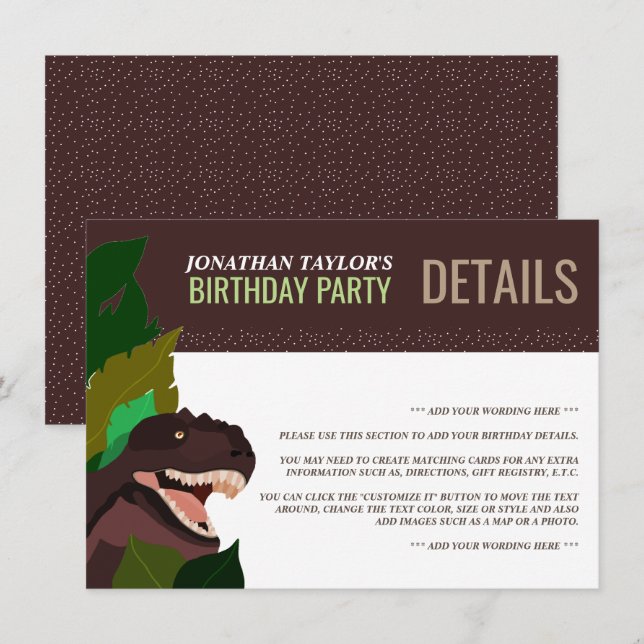 T Rex Dinosaur Party Kindergeburtsdetails Einladung (Vorne/Hinten)