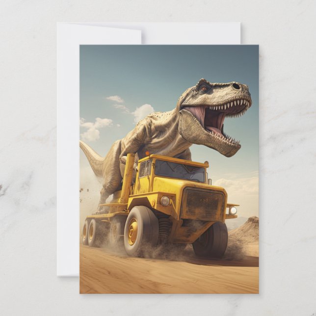 T-Rex Dinosaur Reiten auf einem Hügel Truck Geburt Einladung (Vorderseite)