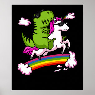 T-Rex Dinosaur Reiten Magisches Einhorn Regenbogen Poster