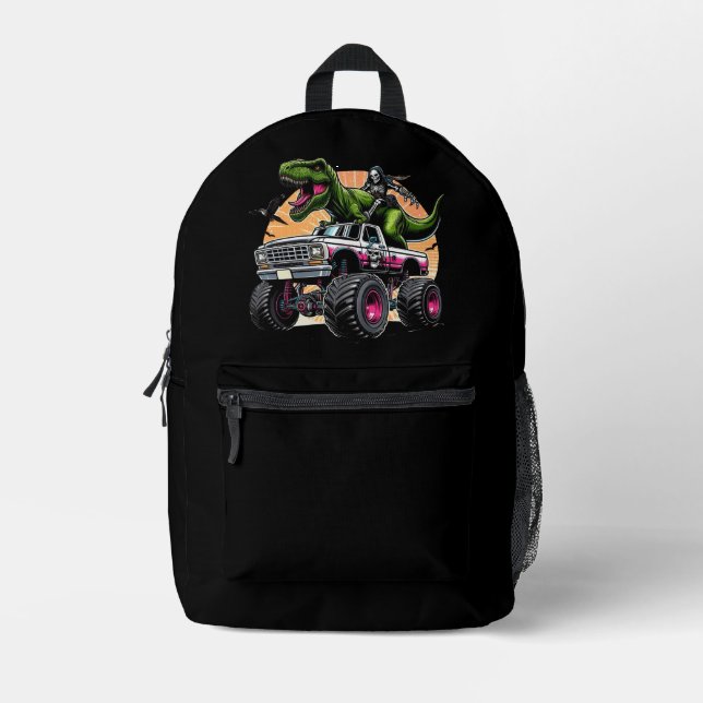 T Rex Dinosaur Reiten Monster Truck Bedruckter Rucksack (Vorderseite)