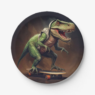 T-Rex Dinosaur Rising a Skateboard Geburtstagspart Pappteller