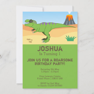 T-Rex Dinosaur & Volcano 1. Geburtstag Party Einladung