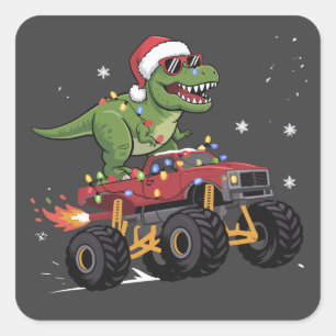 T-Rex Dinosaur Weihnachts-Monstertruck  Quadratischer Aufkleber