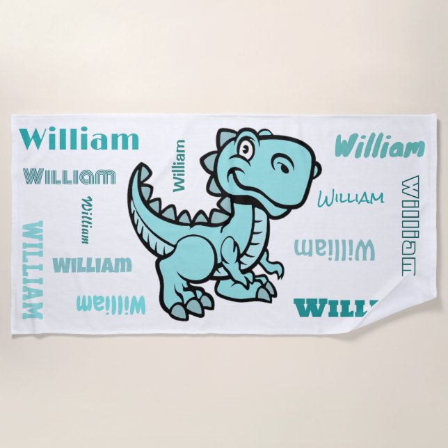 T Rex Dinosaurier Aquamariner Personalisierter Nam Strandtuch (Vorderseite)
