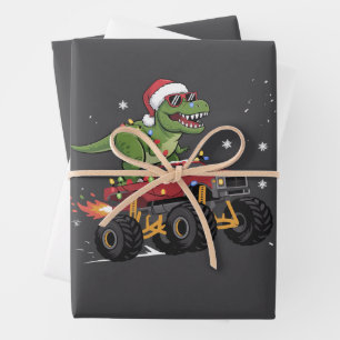 T-Rex Dinosaurier Weihnachts-Monstertruck Geschenkpapier Set