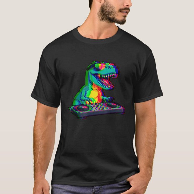 T Rex DJ Optical Illusion T Rex Dinosaur Dino EDM T-Shirt (Vorderseite)