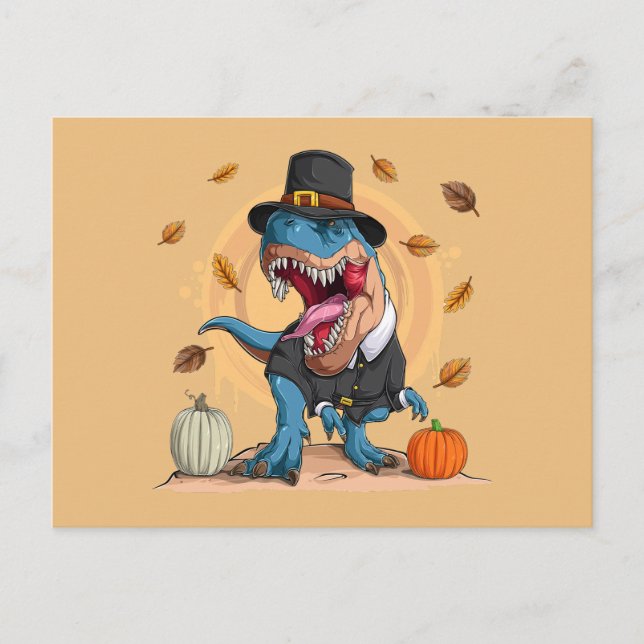 T-Rex Erntedank Pilgrim Postkarte (Vorderseite)