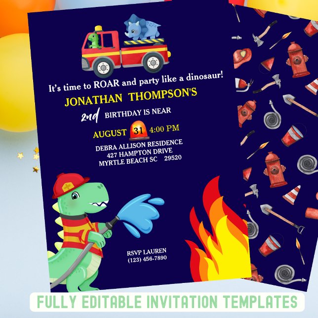 T Rex Fireman Invitation de fête du 2e anniversair (Créateur téléchargé)
