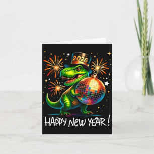 T Rex Frohes Neues Jahr 2026 Disco Ball Feuerwerk  Karte