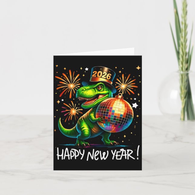 T Rex Frohes Neues Jahr 2026 Disco-Kugel Feuerwerk Karte (Vorderseite)