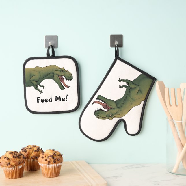 T-Rex Füttre mir! Dinosaur Tyrannosaurus Ofenhandschuh & Topflappen-Set (Insitu (Hängend))