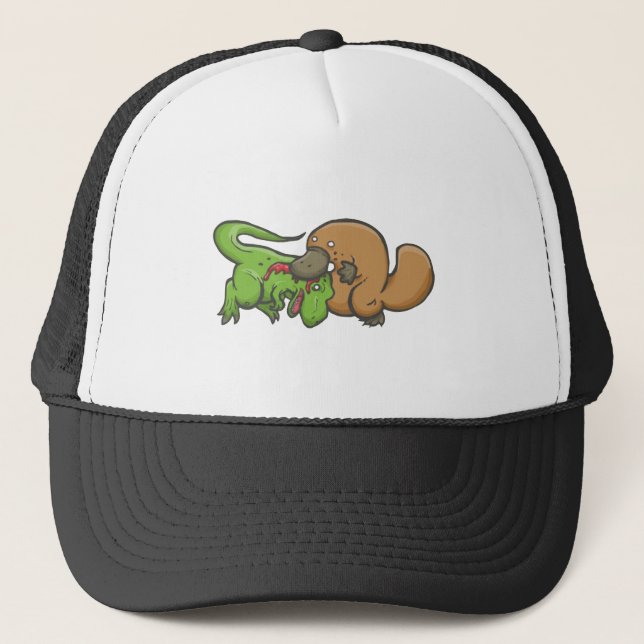 T-rex gegen Platypus Truckerkappe (Vorderseite)