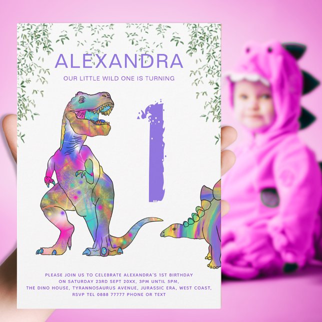 T. rex girls 1. Geburtstag Party lila Einladung (Wild one dinosaur girls 1st birthday. Colorful T-rex and Stegosaurus pink purple green dino fun)