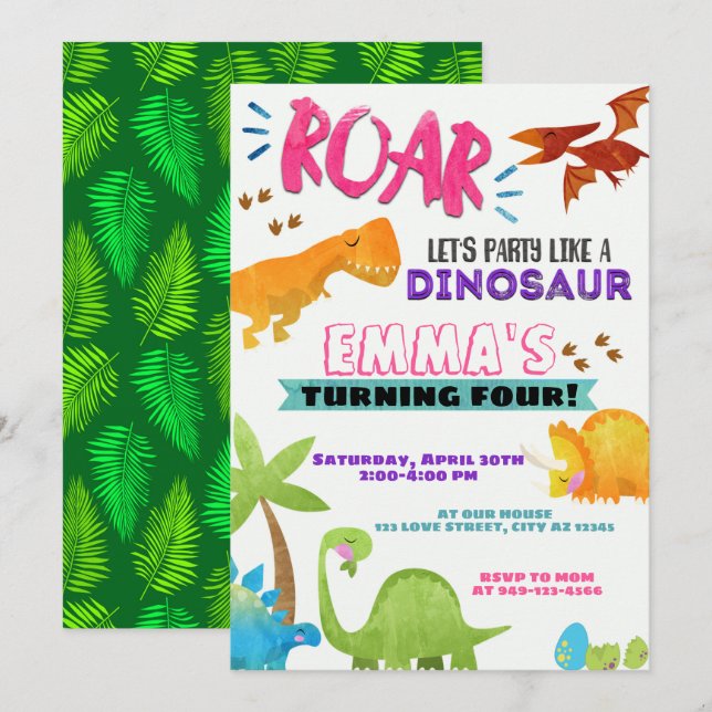 T-Rex Girl's Dinosaur Geburtstagsparty Einladung (Vorne/Hinten)