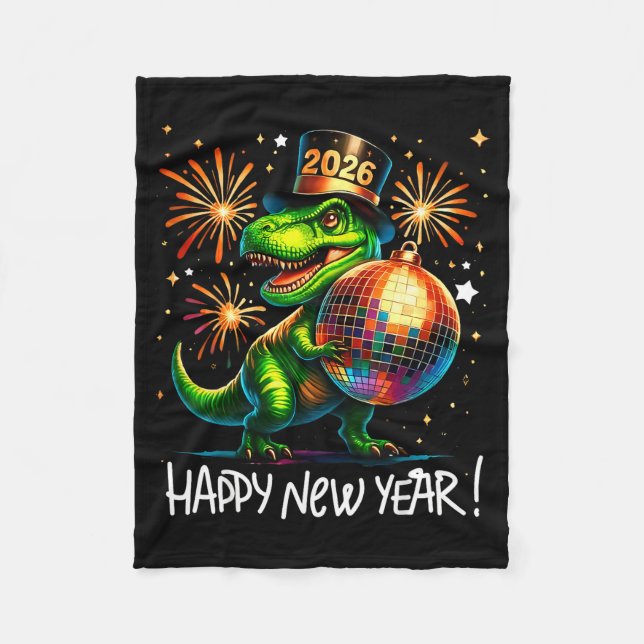 T Rex Happy New Year 2026 Disco Ball Fireworks Tee Fleecedecke (Vorderseite)