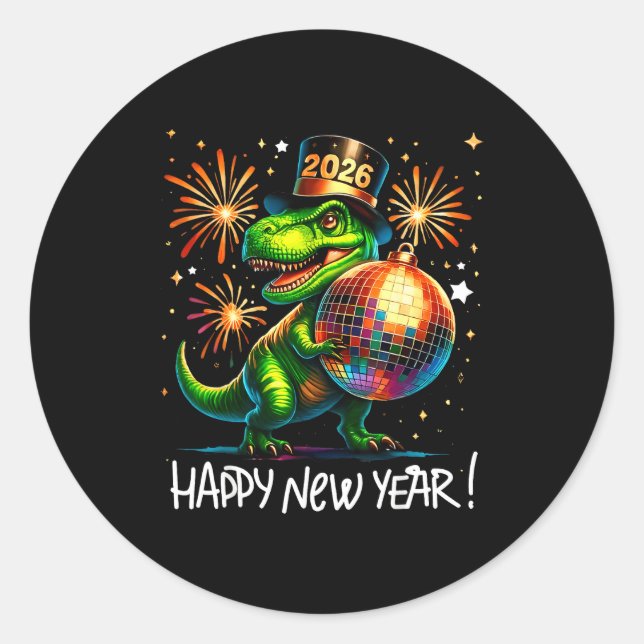 T Rex Happy New Year 2026 Disco Ball Fireworks Tee Runder Aufkleber (Vorderseite)