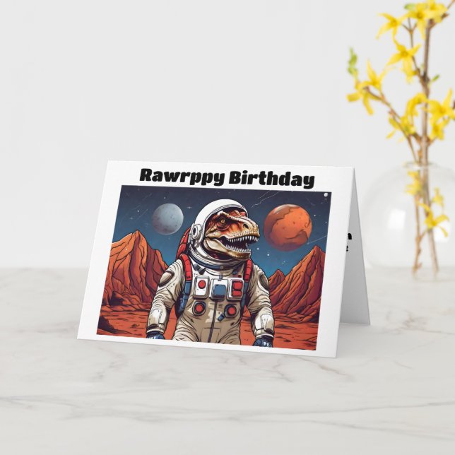 T-Rex im Anzug im Weltraum auf Mars Karte (Gelbe Blume)