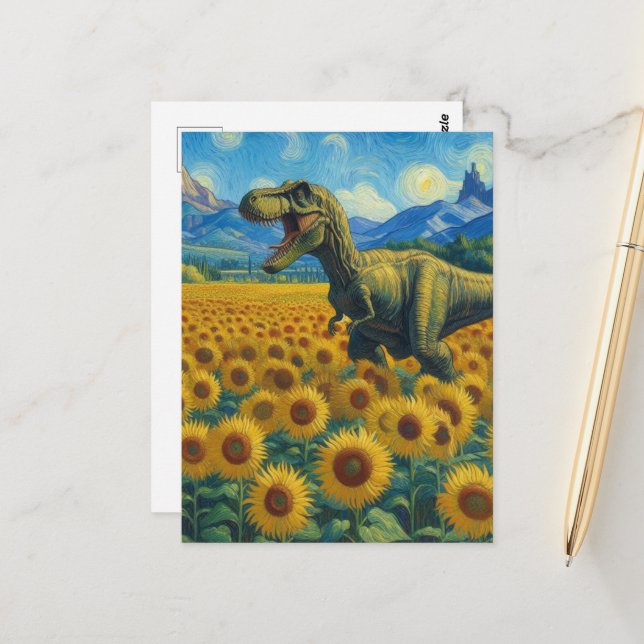 T-Rex in einem Sonnenblumenfeld Postkarte (Vorderseite/Rückseite Beispiel)