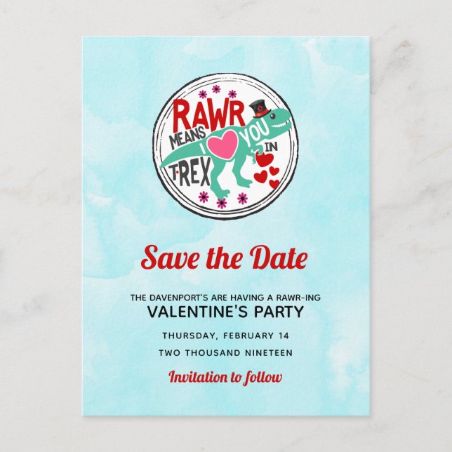 T-Rex in einem Top Hat Funny Valentine Save the Da Postkarte (Vorderseite)