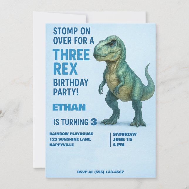 T-Rex Invitation d'anniversaire - Garçon 3 ans (Devant)