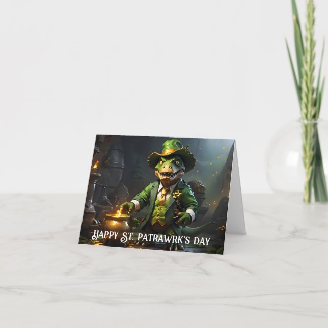 T-Rex Leprechaun mit Goldkessel Karte (Vorderseite)