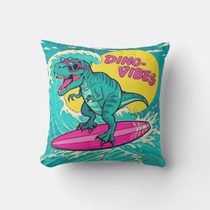 T-Rex mit Sonnenbrille und fährt auf einem Neonpin Kissen