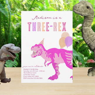 T-Rex Pink Three-Rex Dino Third 3rd Birthday Einladung