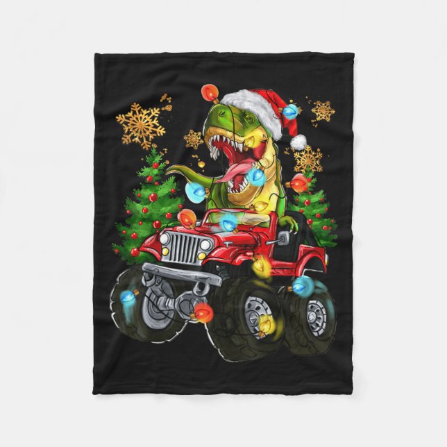 T-rex Santa In Monster Truck With Christmas Trees  Fleecedecke (Vorderseite)