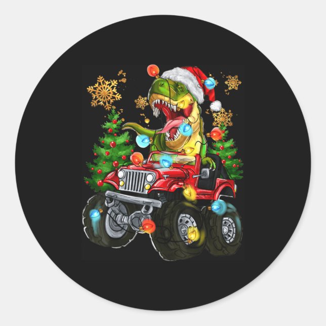 T-rex Santa In Monster Truck With Christmas Trees  Runder Aufkleber (Vorderseite)