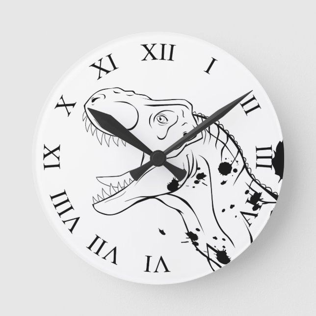 T-Rex (schwarz und weiß) Runde Wanduhr (Vorderseite)