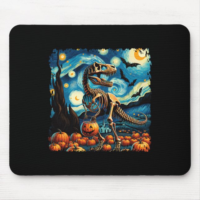 T-rex Skeleton Halloween Van Gogh Starry Night Fal Mousepad (Vorne)