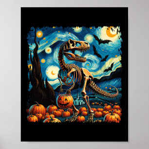 T-rex Skeleton Halloween Van Gogh Starry Night Fal Poster