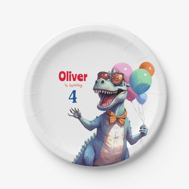 T-Rex Tyronasaurus Dinosaur Farbiger Geburtstag Pappteller (Vorderseite)