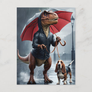 T-Rex Walking Basset im Regen Postkarte