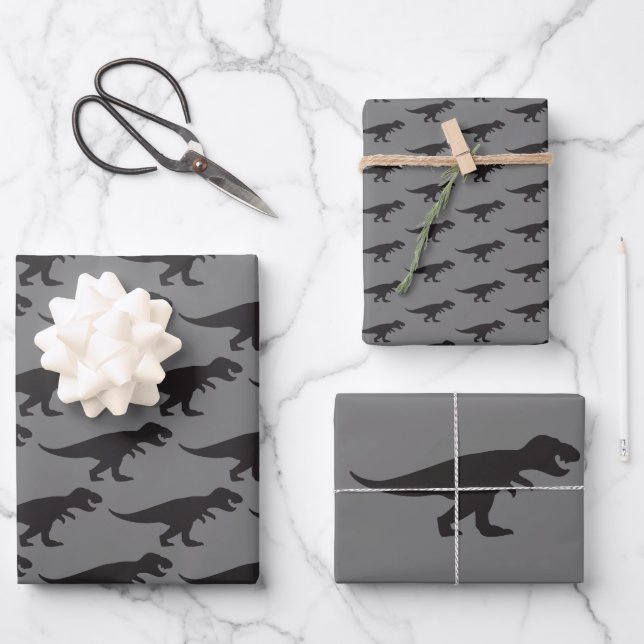 T-Rex Weihnachtskönig Dinosaurier Elegant Grau Mac Geschenkpapier Set (Vorderseite)