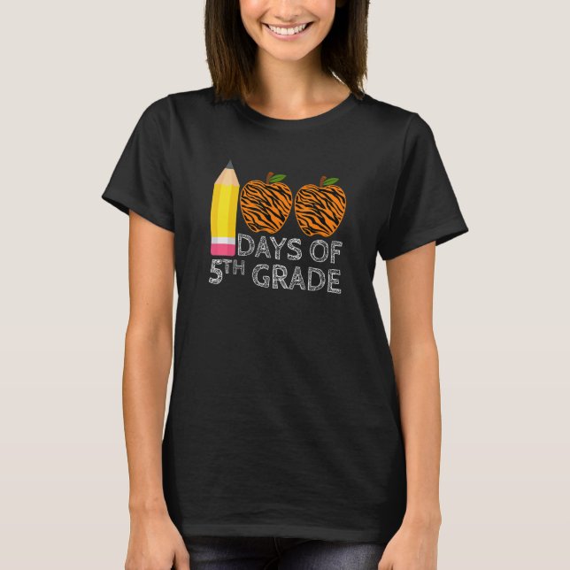 T-shirt 100 Days Of 5th Grade Tiger Print Happy 100th Day  (Devant)