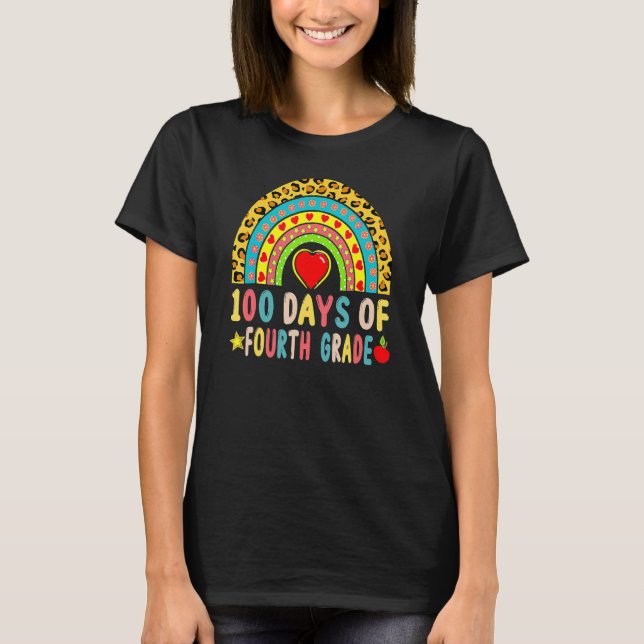 T-shirt 100 Days Of Fourth Grade Leopard Rainbow 100th Day (Devant)
