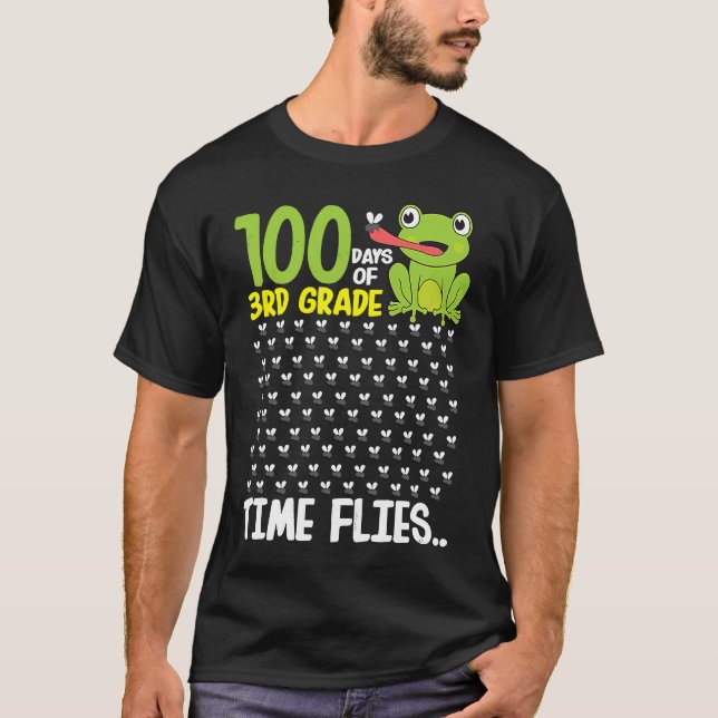 T-shirt 100 Days of School 3rd Grade Frog Time Flies Boys  (Devant)