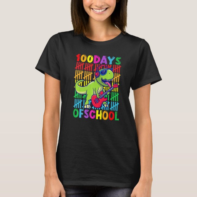 T-shirt 100 Days Of School Dinosaur rex Play Guitar Smarte (Devant)