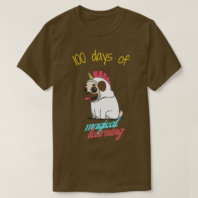 T-shirt 100 jours d'apprentissage magique avec un carlin m (Design devant)