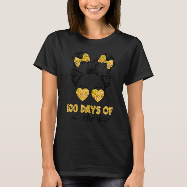 T-shirt 100th Day Of School Girls Messy Bun Hair 100 Days  (Devant)