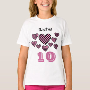 T-shirt 10e anniversaire fille À damiers Coeurs grand nomb