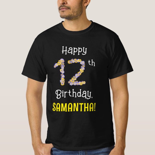 T-shirt 12e anniversaire : Fleurs florales Numéro "12" + N (Devant)