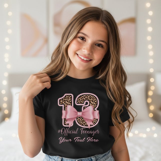 T-Shirt 13th Birthday Gift Pink Leopard Print Bow  (Créateur téléchargé)