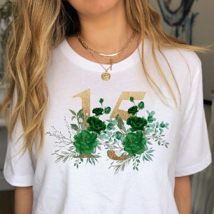 T-shirt 15e Anniversaire Fleur de Nombre 15 Rose Verte Or