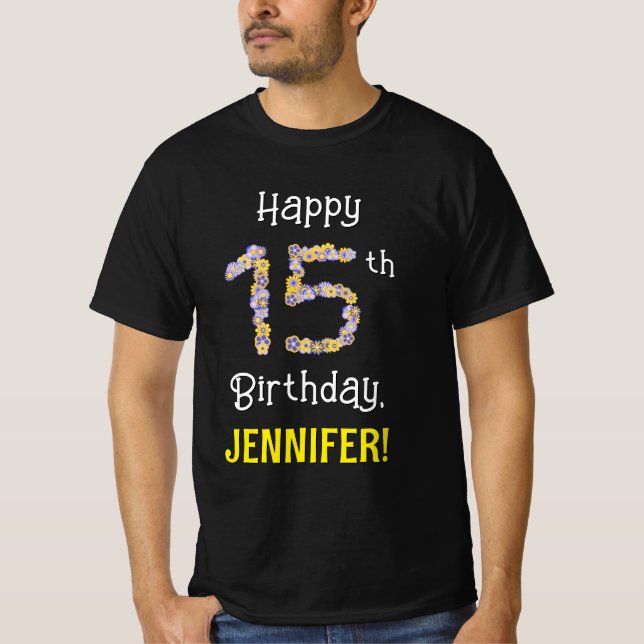 T-shirt 15e anniversaire : Fleurs florales Numéro "15" + N (Devant)