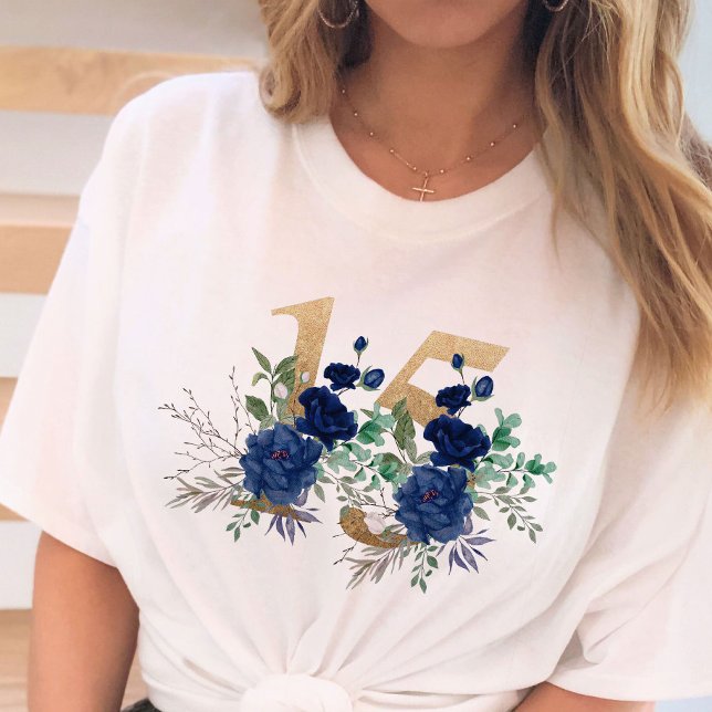 T-shirt 15e anniversaire Gold Floral Numéro 15 Rose bleu (Créateur téléchargé)